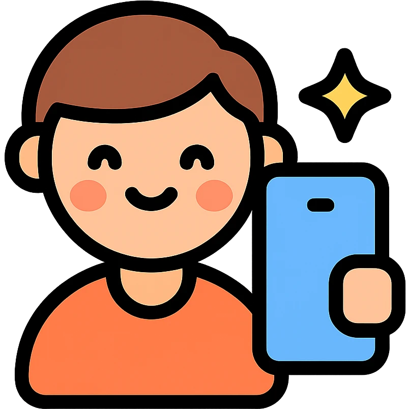 cute cartoon selfie icon with rounded shapes, smiling face, and a phone, modern icon style emoji
