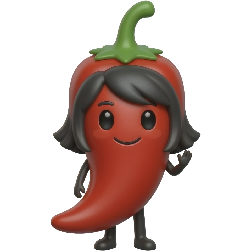 a cute red chili food with girlish face and black hair feature, with hand and leg emoji