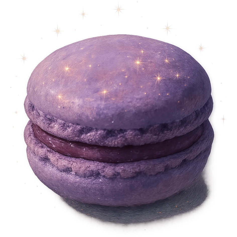 realistic Ghibli style single purple macaron with sparkles, soft painterly textures, enchanting and appetizing emoji