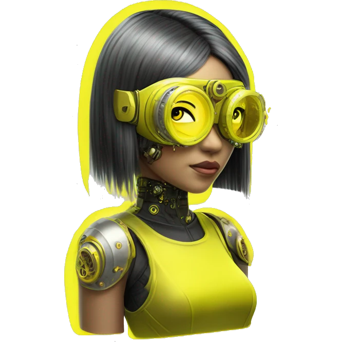 Neon yellow bobbed hair Asian female cyborg head with silver steampunk goggles and circuits emoji
