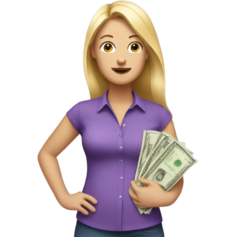 White Women in purple shirt rocking baby, but money instead of baby emoji