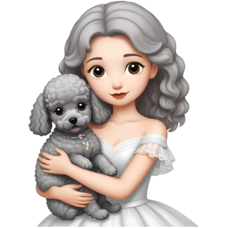 beautiful girl in a wedding dress hugging a small gray poodle emoji