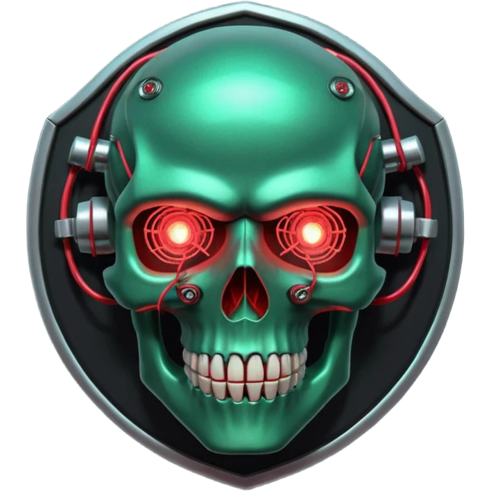 Cyberpunk shield, skull with cybernetic implants, glowing wires, dark green and red tones, no background emoji