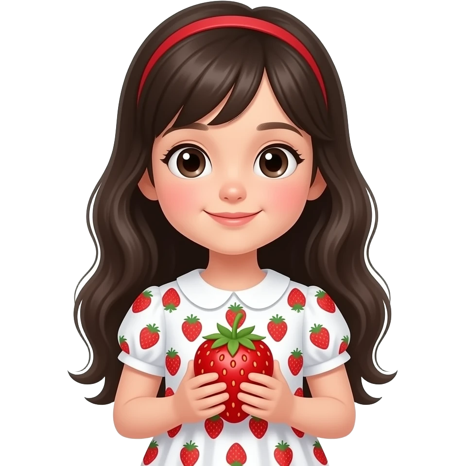 Little girl with long dark straberry hair and strawberry dress and strawberry emoji