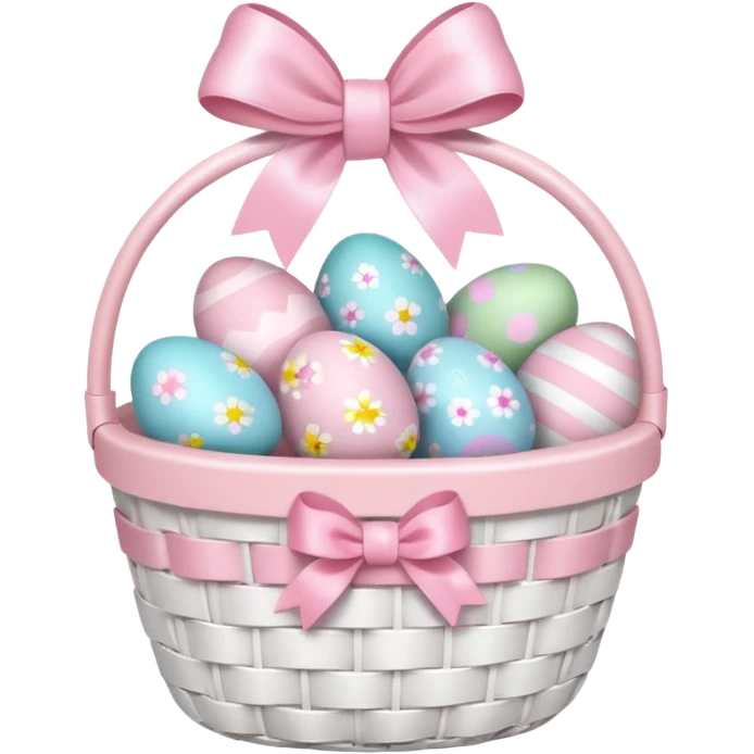white basket with a light pink bow and full of light pink easter eggs  emoji
