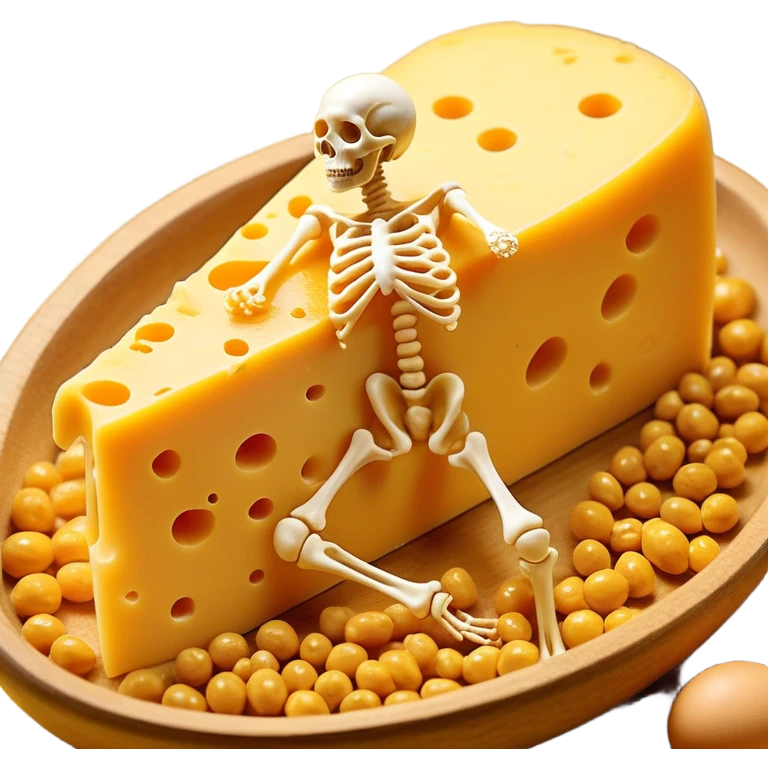 Ethereal pieces of aged cheese, golden egg yolk, and natto floating around a translucent glowing skeleton. Fine rays of golden light flow from the foods to the bones, where small locks open upon contact, guiding calcium like precision keys that prevent accumulation in arteries. emoji