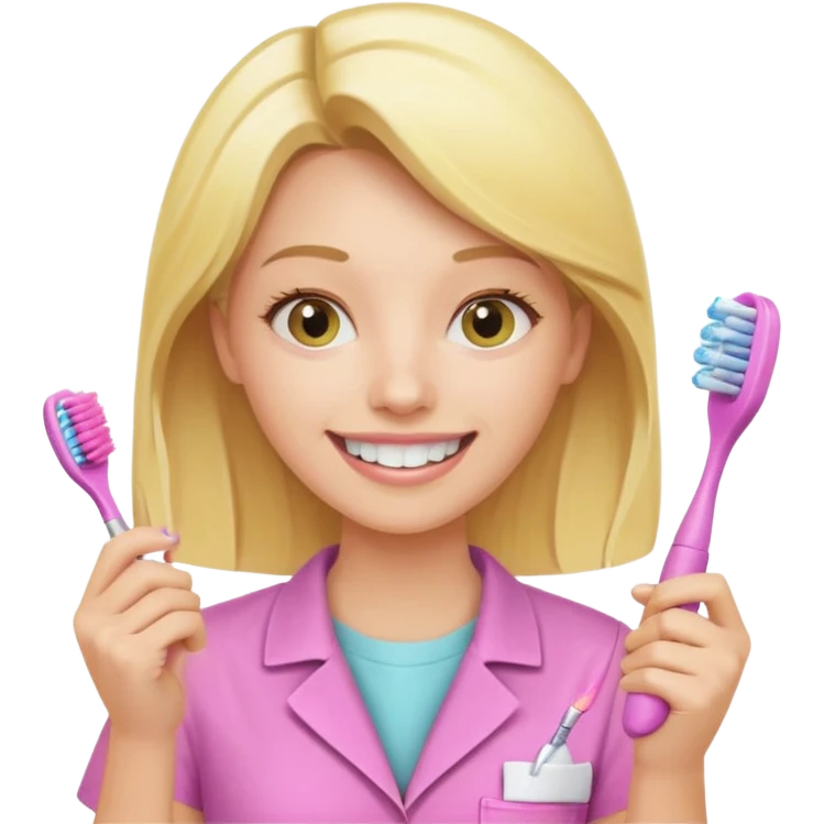 dentista mulher, loira, pele branca, camisa rosa, segurando uma escova de dentes amarela e sorrindo transmitindo verdade e confiança emoji