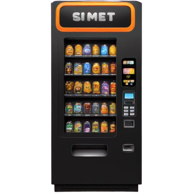scifi vending machine, orange and black, rainbow lights emoji