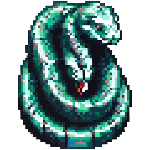 pixel art Python programming logo, blue and yellow, with a snake wrapping around a pixelated code block emoji