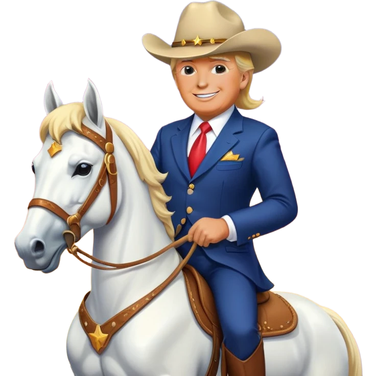 Donald Trump riding a majestic white horse, wearing a cowboy hat and a suit, with a confident smile, set against a vibrant sunset background, in a simple and bold emoji style. emoji