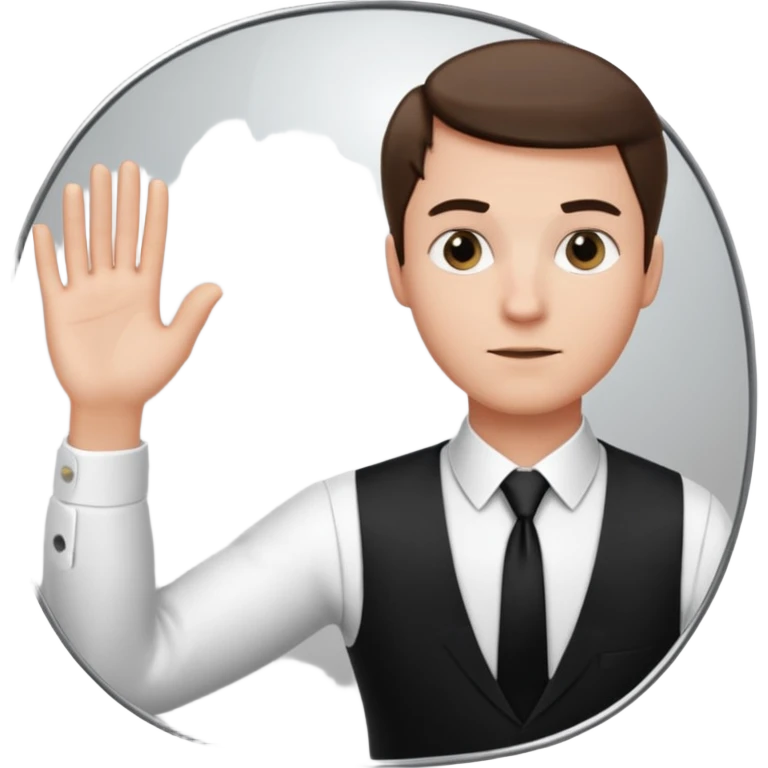 A man wearing a white dress shirt and black tie looking into a mirror holding up his hand. We should be seeing the back of the man and his reflection in the mirror. emoji
