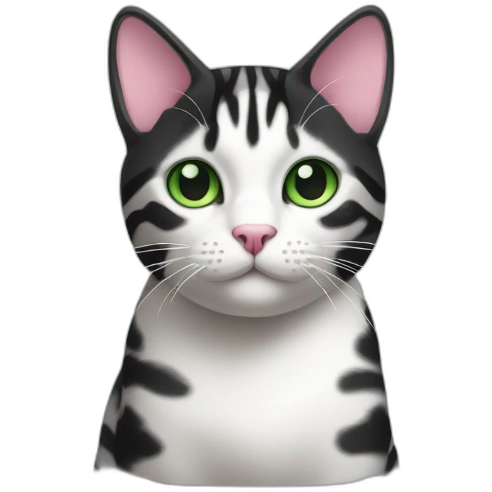 Black and white tabby cat with green eyes and pink nose emoji