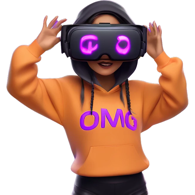 Russian girl wearing black hoody with violet letters "OMG", in vr headset oculus quest2. Dancing. Cyberpunk style. Violet neon. emoji