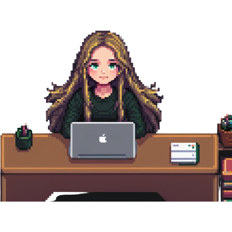 girl with long hair, only eyes visible above MacBook, working at a desk, pixel art style emoji