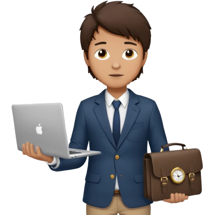 a tan boy with messy dark brown hair. Wearing a blazer and carrying a lapotop. watch on wrist emoji