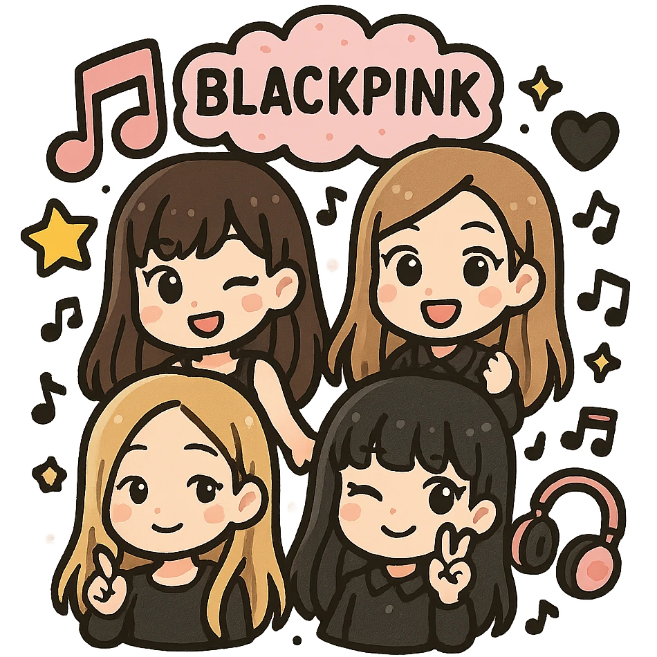 Blackpink K-pop girl group four members cartoon style pink and black theme fun playful music vibe group illustration emoji