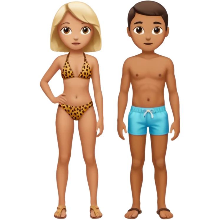a girl wearing cheetah print bikini standing with a boy wearing shorts  emoji