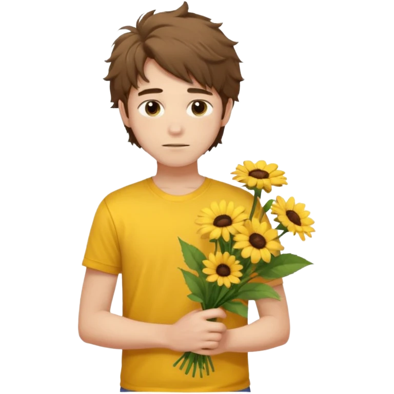 generate an ios genmoji of a 20 year old fair boy with brown long and messy hair with stubble on cheeks. should look like he cant grow a mustache., carrying a flower bouquet, wearing a yellow tshirt, looking shy emoji