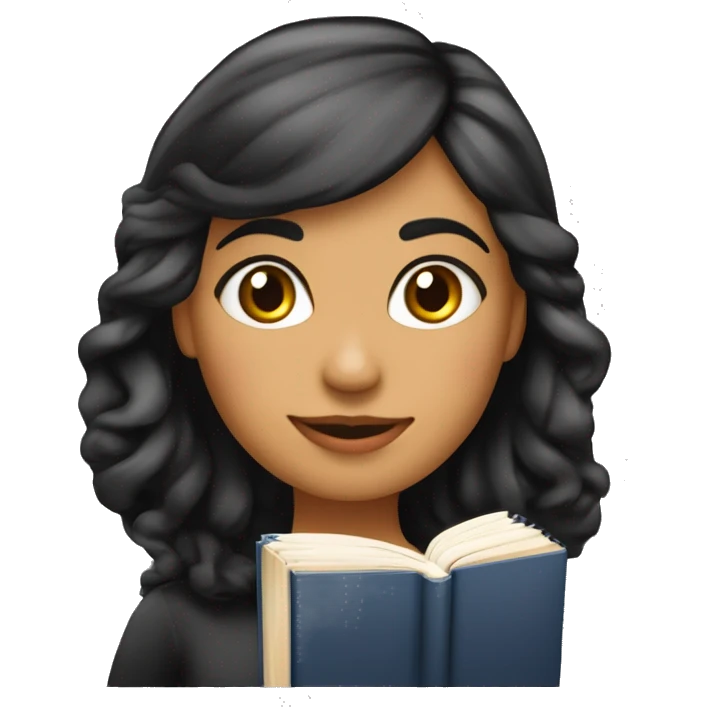 Chica morena clara de cabello ondulado color negro estudiando llena de libros y apuntes y el ordenador  emoji