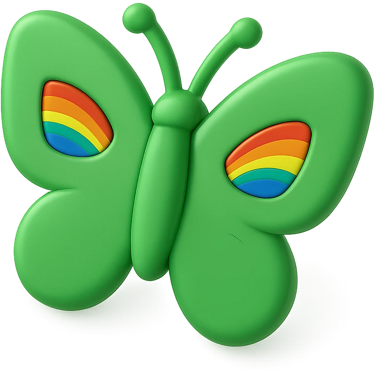 a butterfly with shiny green wings with rainbow pride accents, 3D look emoji