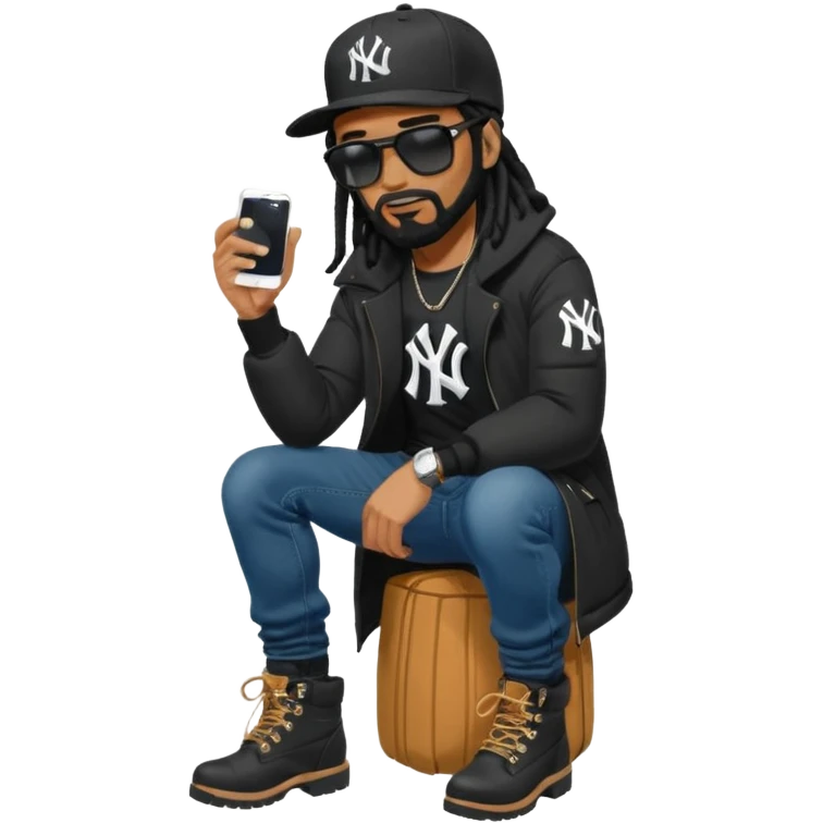 African American man with shoulder length black dreadlocks with black beard wearing black sunglasses wearing a black New York Yankees logo baseball cap wearing a black bubble winter coat wearing denim skinny jeans and timberland boots bending down tying up his shoes emoji
