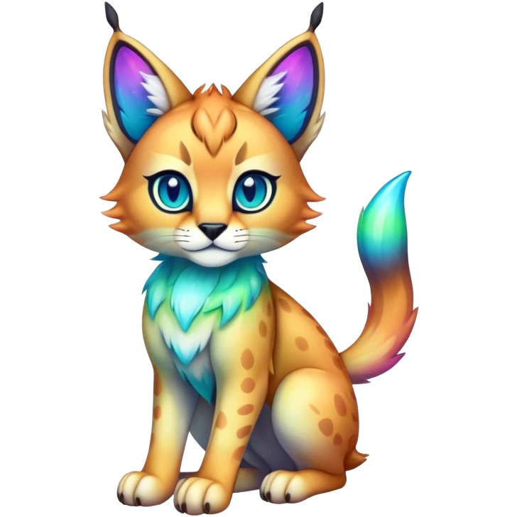 An iridescent transparent luminescent colorful chibi cute lynx-caracal-serval-fakemon-creature-hybrid emoji