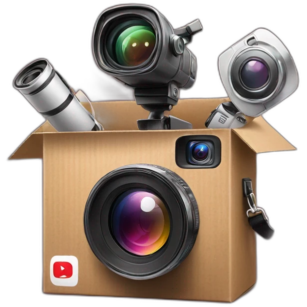 Video Camera, Instagram YouTube icons fly out from the Cardboard box emoji