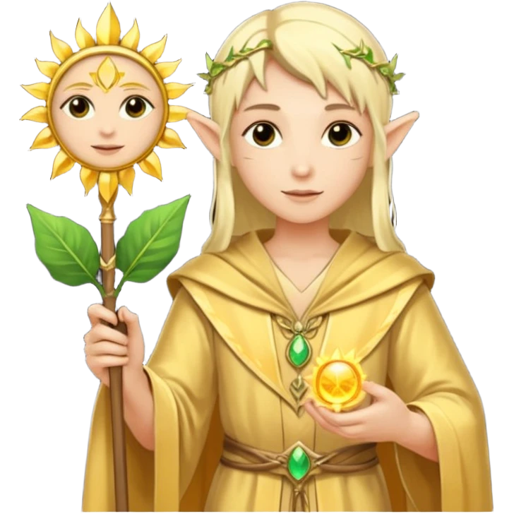 {
      "type": "human",
      "look": "light elf healer, golden robe, staff with leaf and sun motif",
      "description": "a light elf healer wearing a golden robe and holding a staff with leaf and sun symbols"
    } emoji
