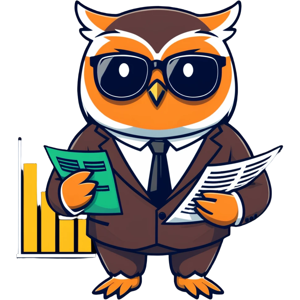 Twilio owl wearing finance outfit with business suit, glasses and stock market chart emoji