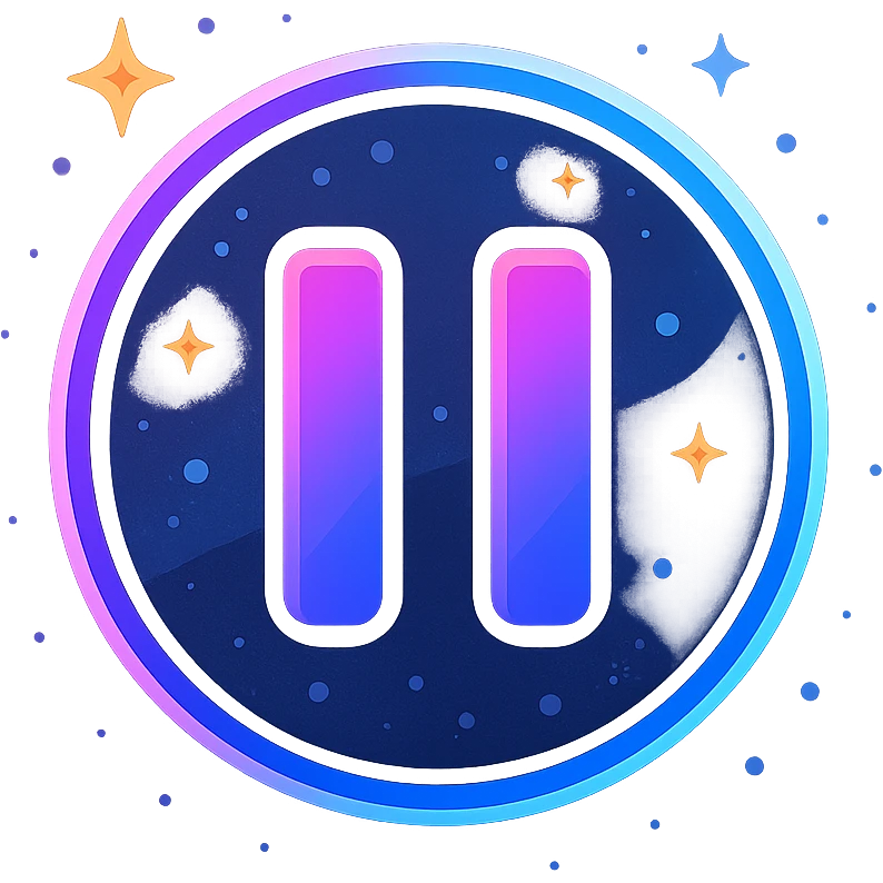 animated pause icon with dark purple, blue, and black base, bright accents, complex gradients, stars, bright neon border, modern clean pause symbol, subtle glowing and moving stars neon effects, sophisticated futuristic style emoji