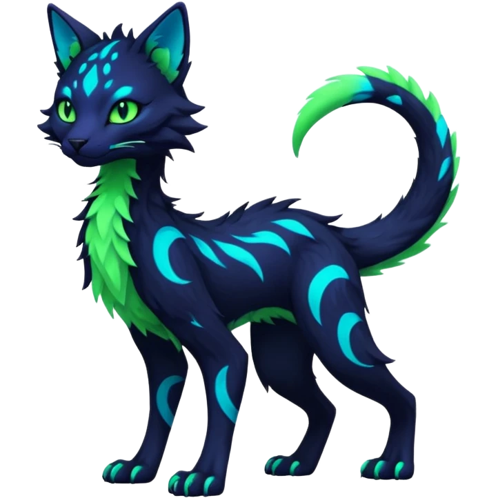 Kawaii dark edgy colorful vibrant neon glowing fantasy feline-vernid-sergal-fursona animal creature with a tufted tail full body with intricate markings  emoji
