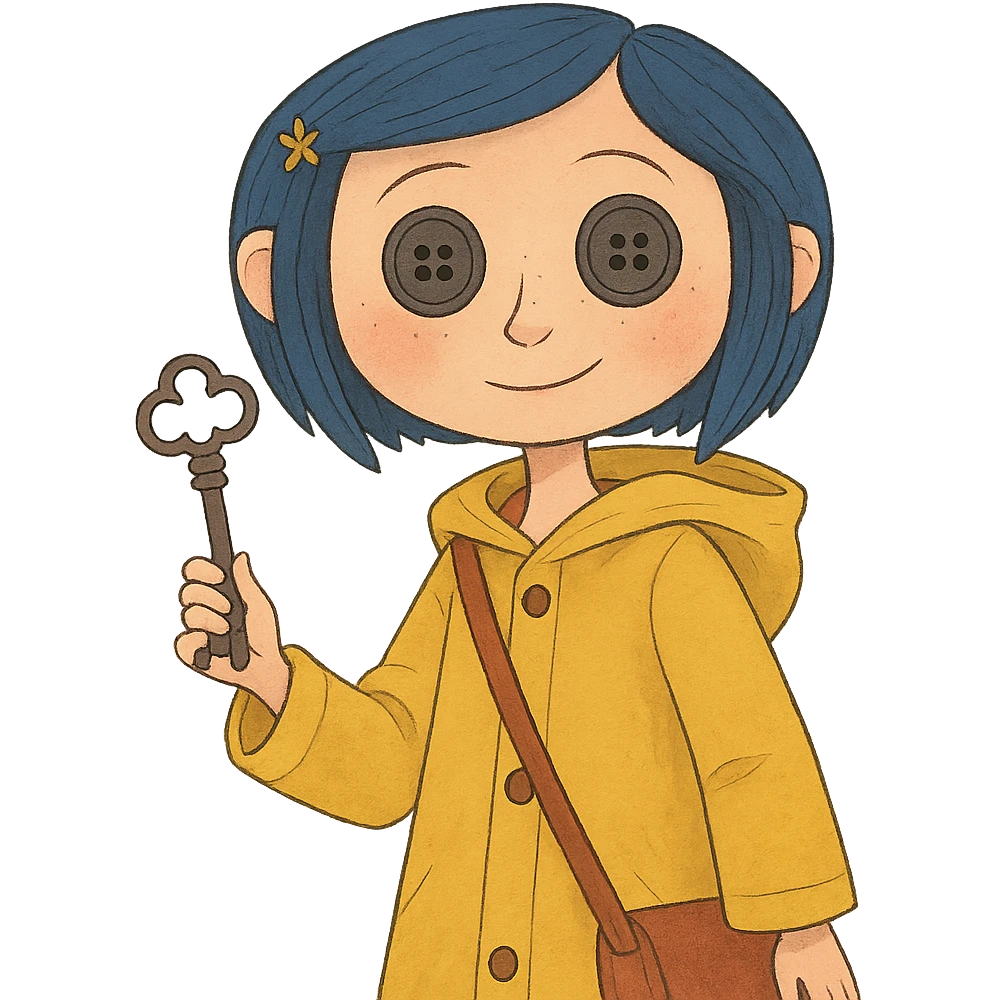 Coraline character with blue hair, yellow raincoat, button eyes, with a key in hand, whimsical style emoji