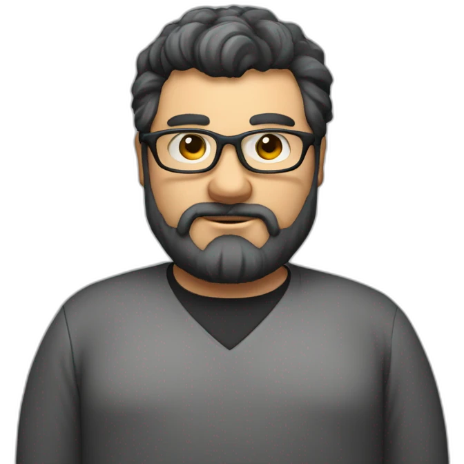 Very Fat short strong bearded computer scientist with glasses black hair and 50 years old emoji