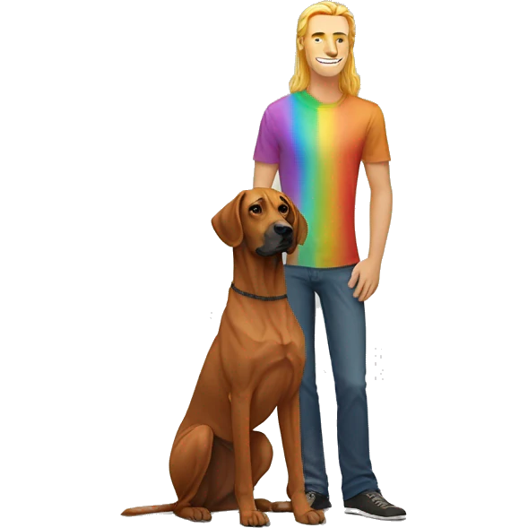 white male with long rainbow colored hair standing alongside a brown rhodesian ridgeback emoji