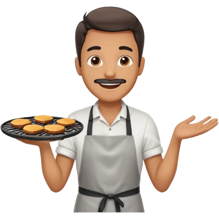 A cheerful man in an apron flipping burgers on a sizzling grill with smoke puffing upward. emoji