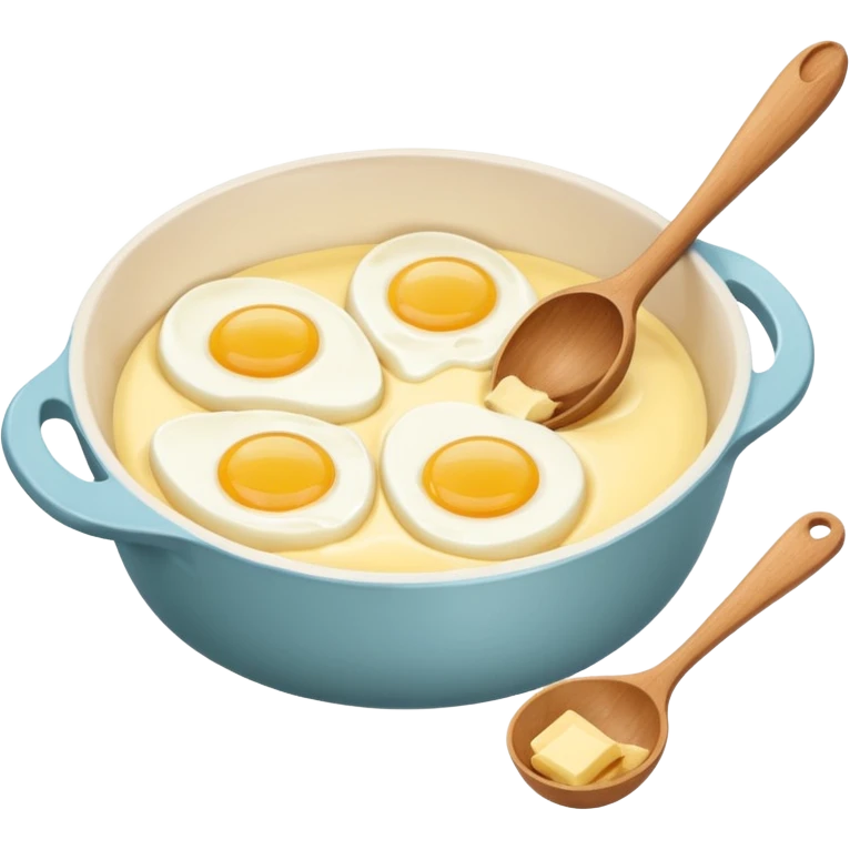 A carton of eggs, butter and a cream ceramic baking bowl with a wooden spoon in it emoji