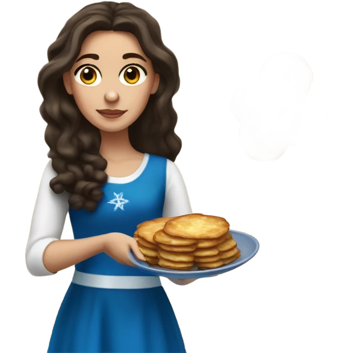 White girl in a dress for Hanukkah with long dark brown hair holding latkes emoji