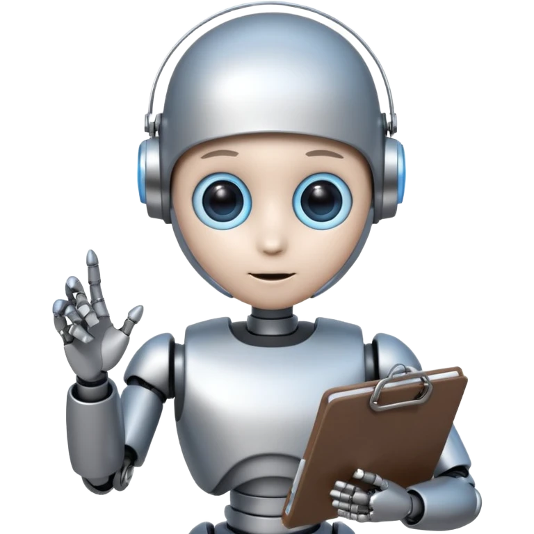 Portrait of a small humanoid robot with round head, metallic limbs, glowing eyes, holding a clipboard emoji