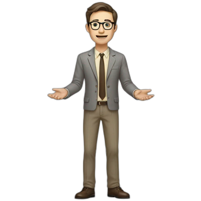 Full height Actively gesturing with hands Pale skinned fit man with dark brown hair in gray jacket, beige office shirt, brown tie, brown pants and vintage glasses. emoji