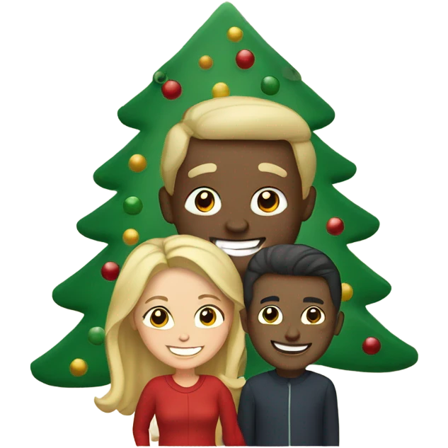 Couple smiling by christmas tree emoji
