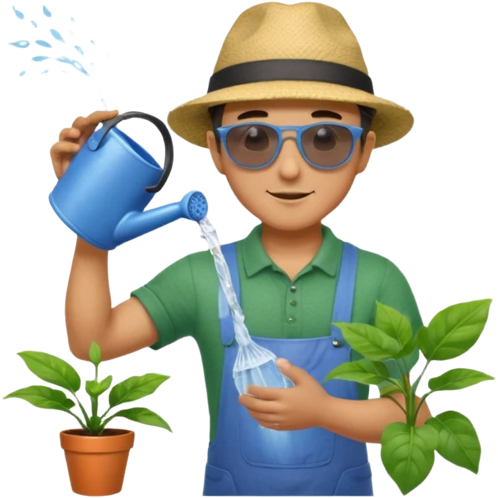 Realistic illustration of a man pouring water onto a green plant, standing outdoors in daylight, with a watering can in hand, gentle and caring expression, vibrant garden background, soft natural lighting, highly detailed, professional composition." emoji