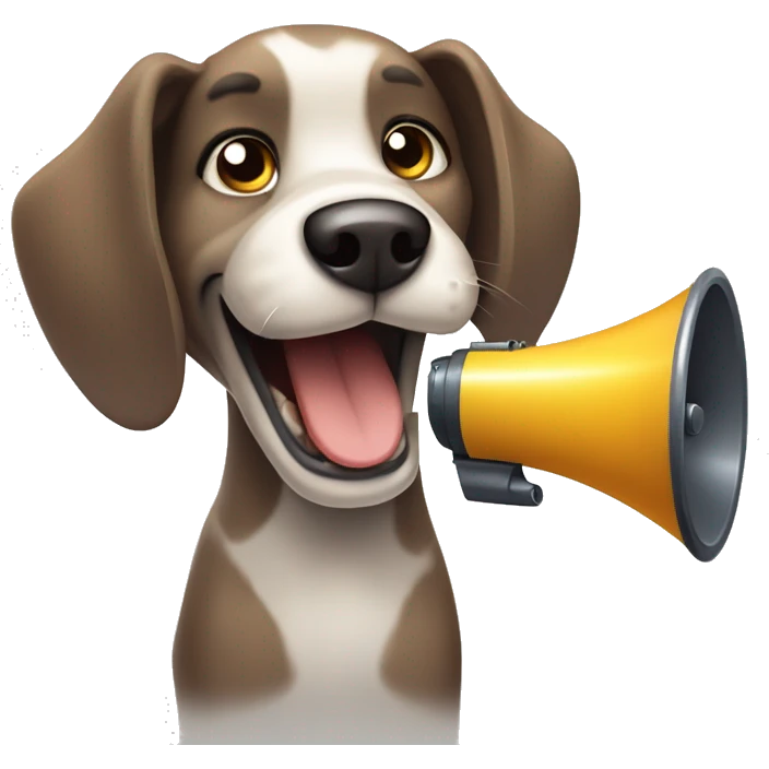 A friendly, cartoon-styled face of a dog, looking straight ahead. Megaphone emoji