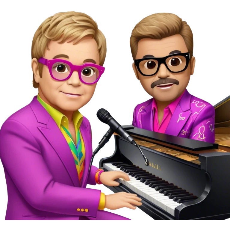 Pop music icon: Elton John at the piano in signature glasses and colorful outfit, George Michael holding a microphone in stylish attire. Stage lights and musical notes in the background. Transparent background. emoji
