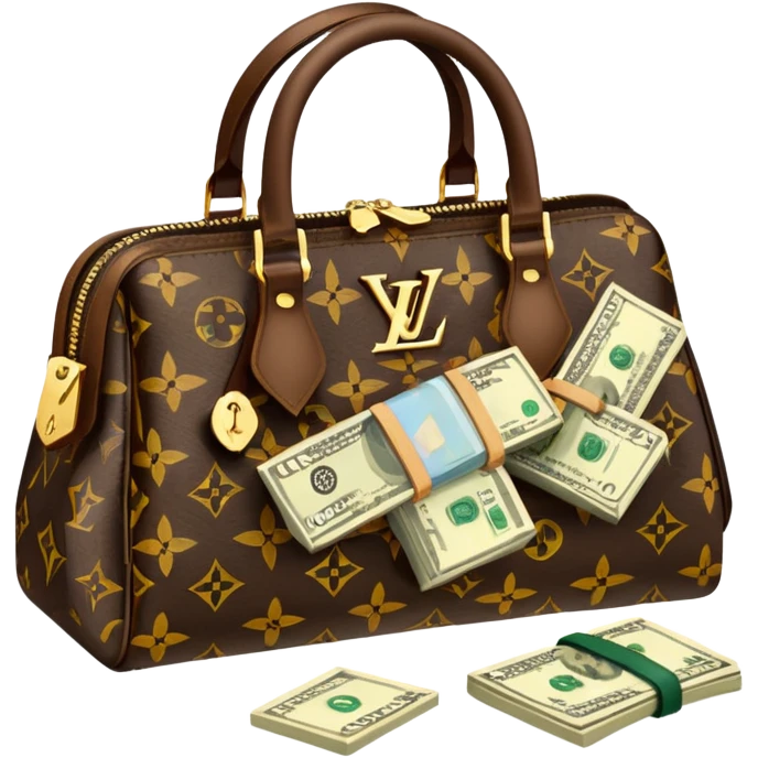 Louis Vuitton purse with dolars in the bag emoji
