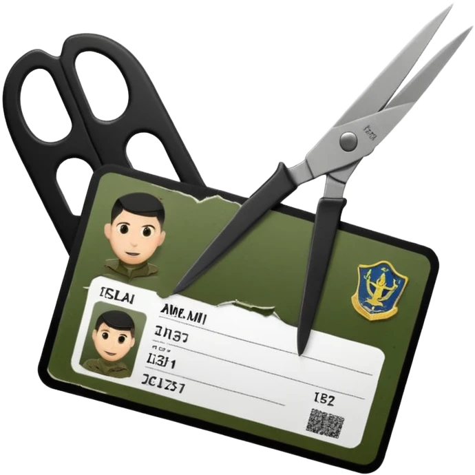 Floating black Scissors cutting in half an idf soldier ID card with a little chip in 2 parts emoji