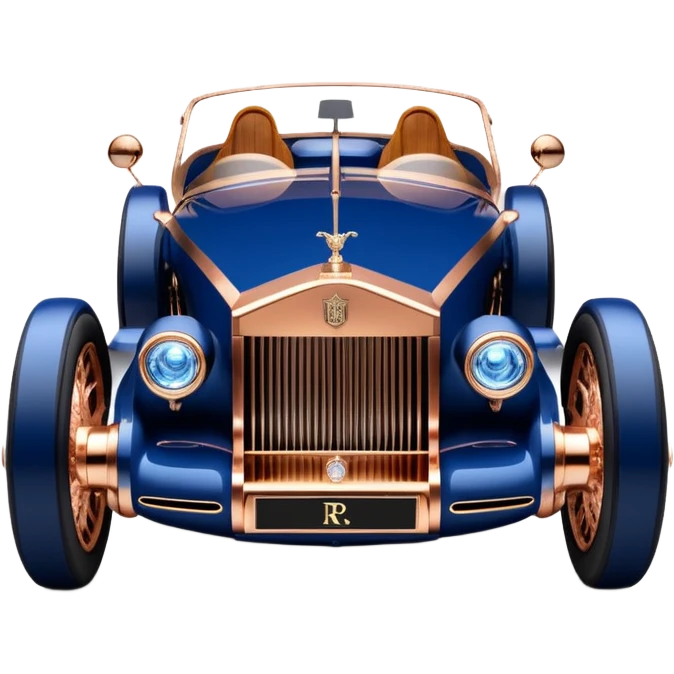 dark blue led lights on a hot rodded delicately inlaid rose gold and wood accentuated sporty 1889 Rolls Royce with futuristic electric spaceship plasma motors and dynamos with wide racing wheels that are held strong by advanced suspension and steering emoji