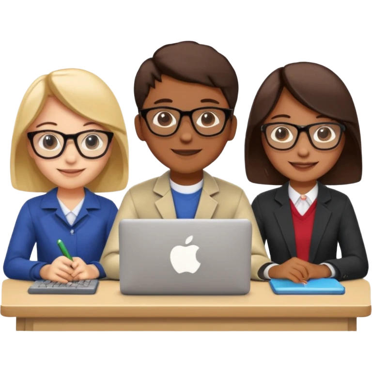 three students coding in a group at a table with computers, smiling, apple emoji style emoji