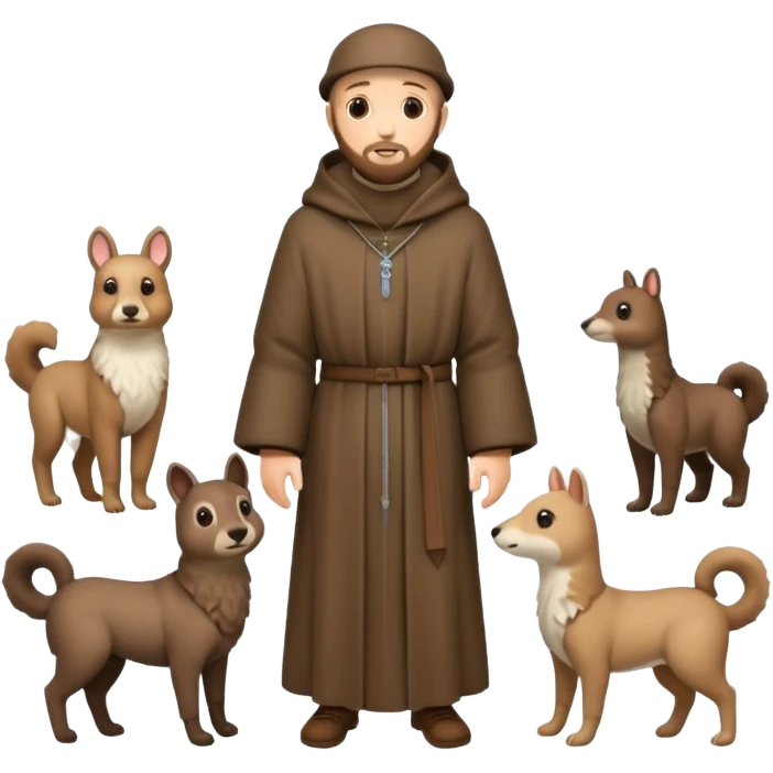 create a full body shot of Saint Francis of Assisi cartoon modern type with animals during the winter, background, to be used as an AI crfreation in HeyGen.com, please create a winter background emoji