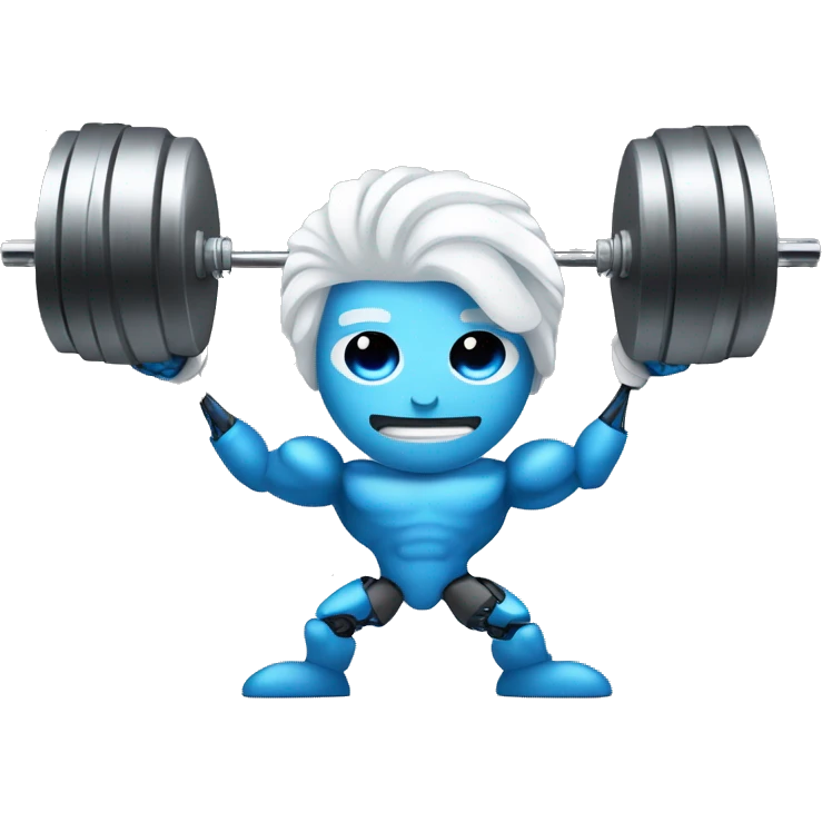 Strong bionic robot man with amazing hair white hair and beard and blue human eyes lifting weights   emoji