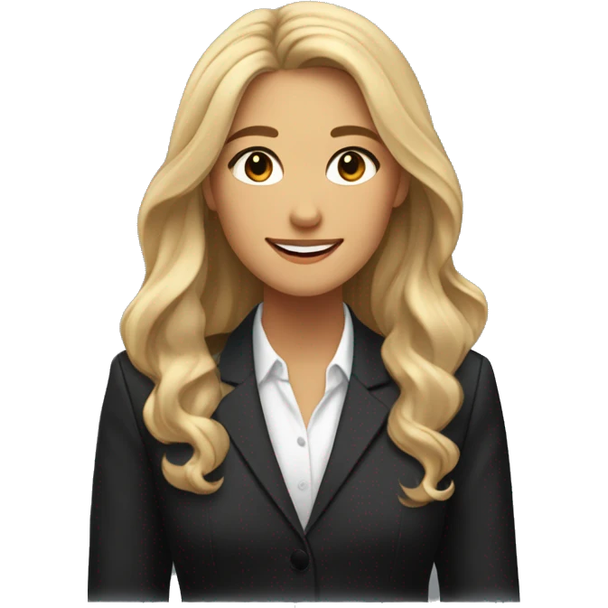 A professional young woman with long, wavy blonde hair, brown eyes?dressed in a black blazer over a white blouse,  She has a warm, closed smile, with a well-lit, polished look.  emoji
